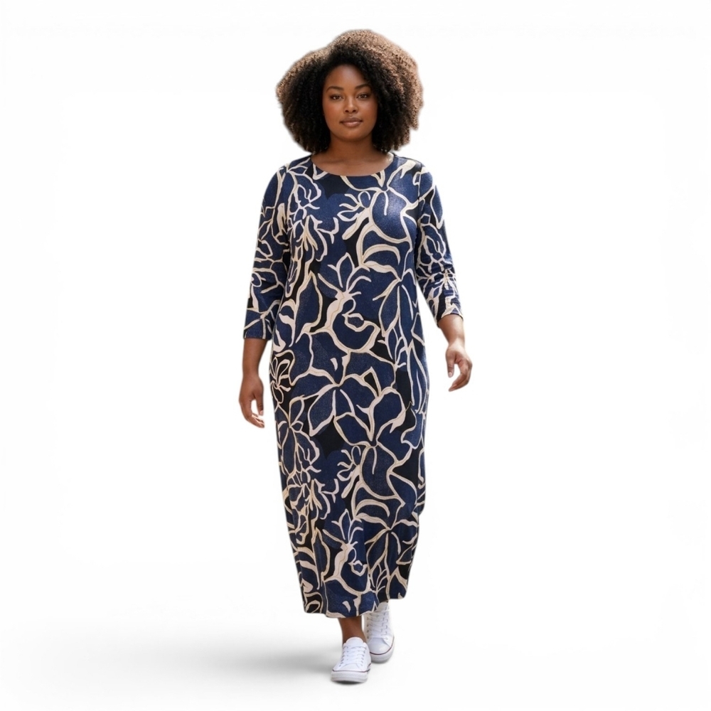 Chico's Travelers Navy Blue Floral Long Sleeve Maxi Dress Women's Size 4 - XXL